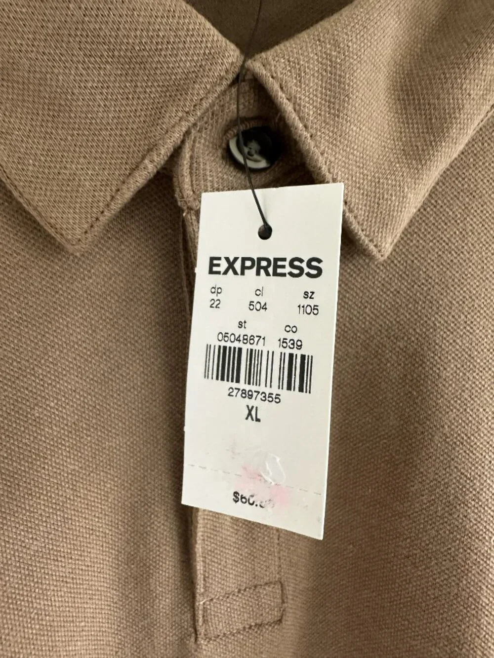 NWT Express Men's Luxe Pique Long Sleeve Three Button Polo Brown Size XL